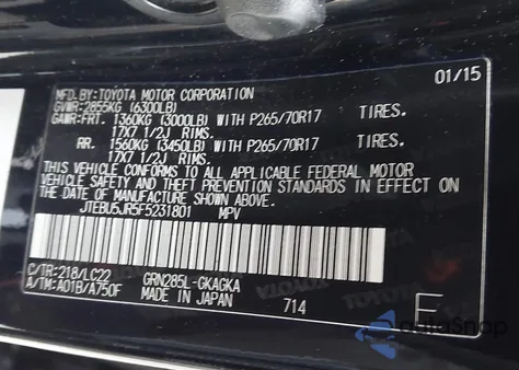 2015 Toyota 4Runner Trail Premium z USA, uszkodzony, nr VIN JTEBU5JR5F5231801